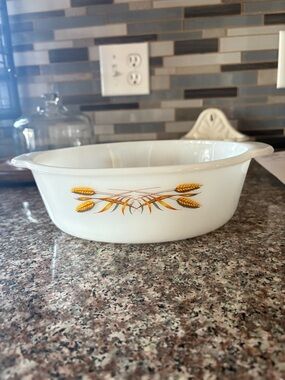 Vintage White Glass Casserole Dish with Golden Wheat Pattern